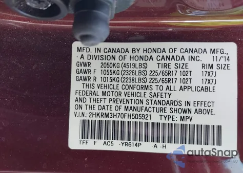 2015 Honda Cr-V Ex-L z USA, uszkodzony, nr VIN 2HKRM3H70FH505921